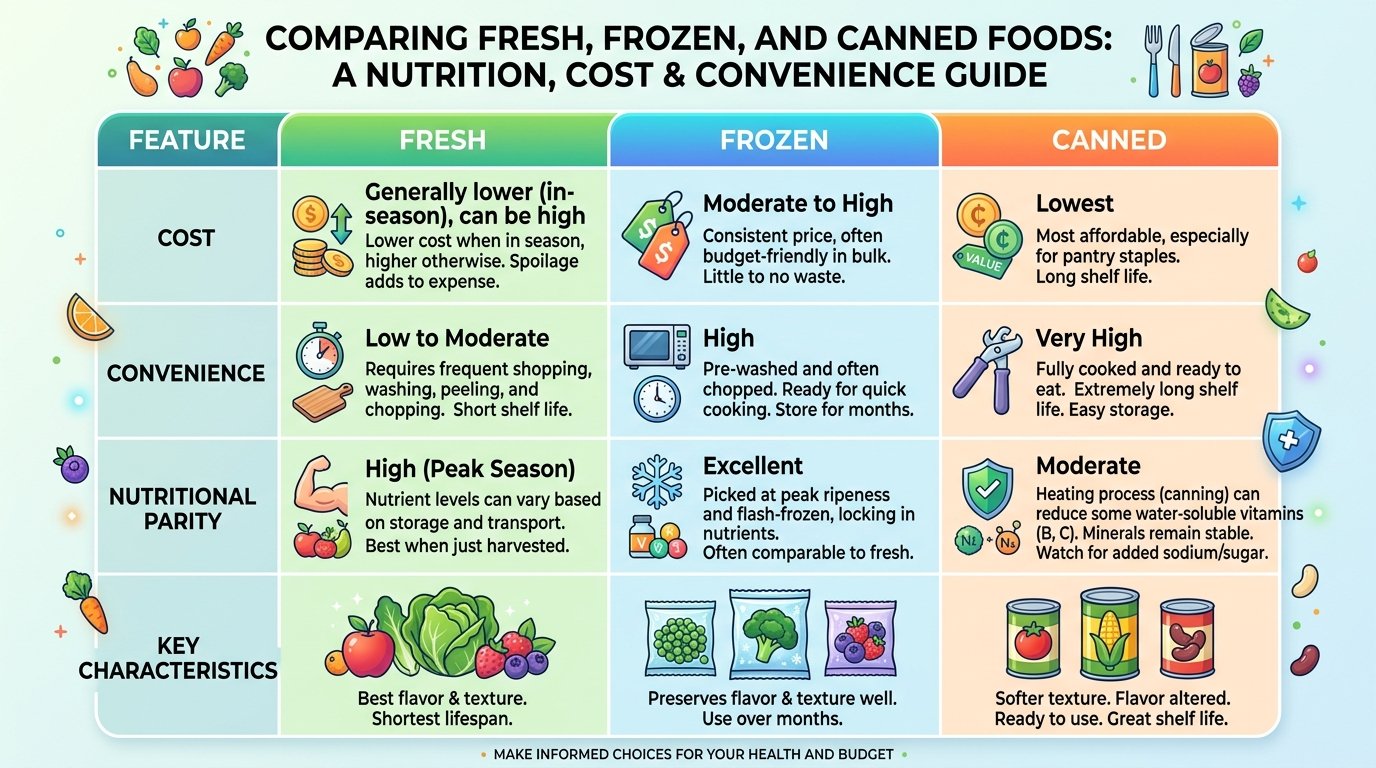 Nutrition comparison chart comparing fresh, frozen, and canned foods across cost, convenience, and nutritional parity