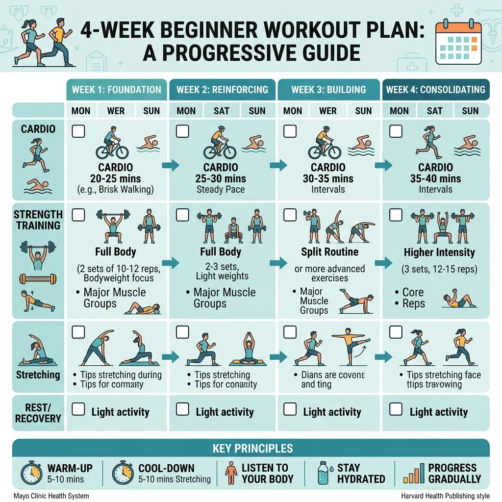 An infographic summary of a 4-week beginner workout schedule.