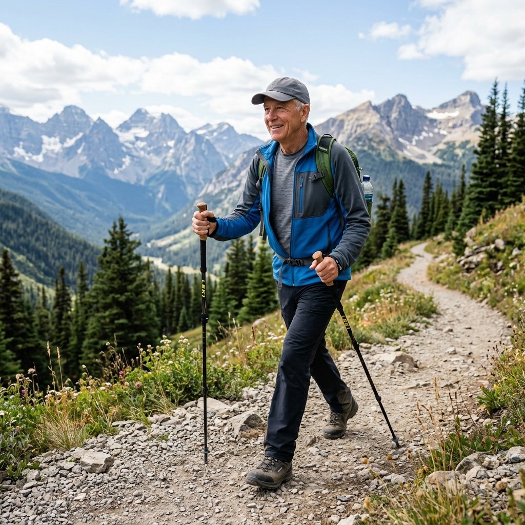 An active senior man using trekking poles during a walk to support <a href=