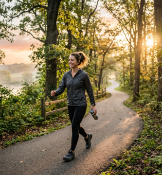 An active, happy person walking on a scenic path in the morning light, representing daily fitness habits.