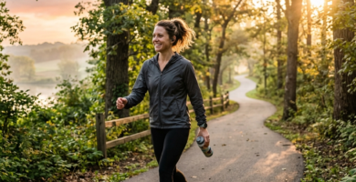 An active, happy person walking on a scenic path in the morning light, representing daily fitness habits.