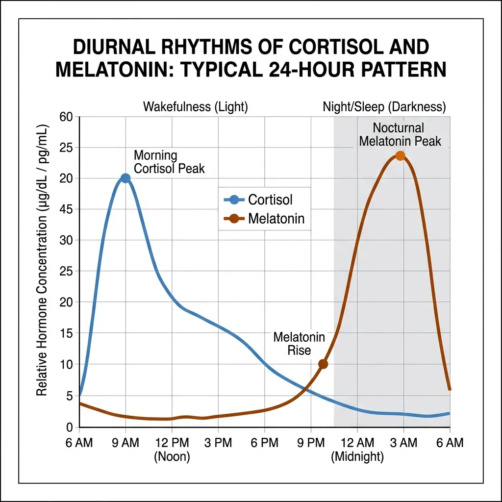 A graph displaying the typical daily curve of sleep-wake hormones cortisol and melatonin.