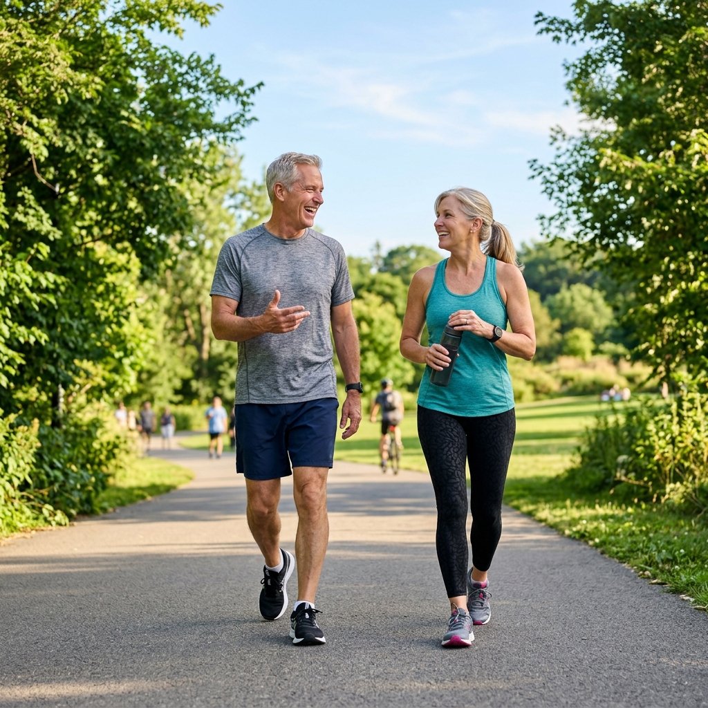 A middle-aged couple smiling and walking briskly in a sunny park for cardiovascular health.
