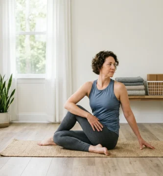 A person practicing yoga stretches on a mat in a bright, clean home exercise space.