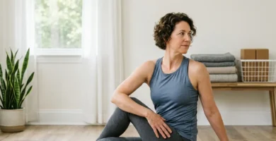 A person practicing yoga stretches on a mat in a bright, clean home exercise space.