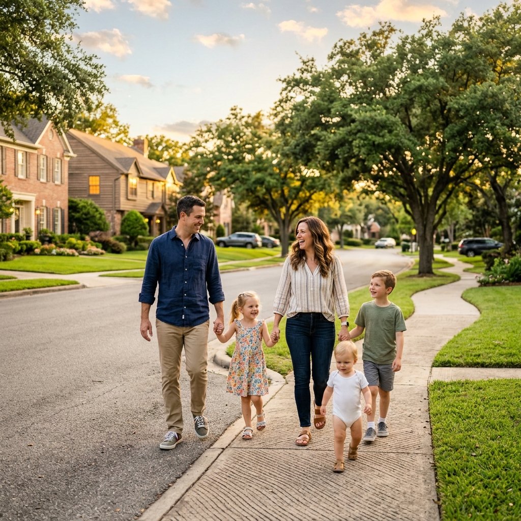 A family taking a walk together, promoting physical activity and stress reduction.