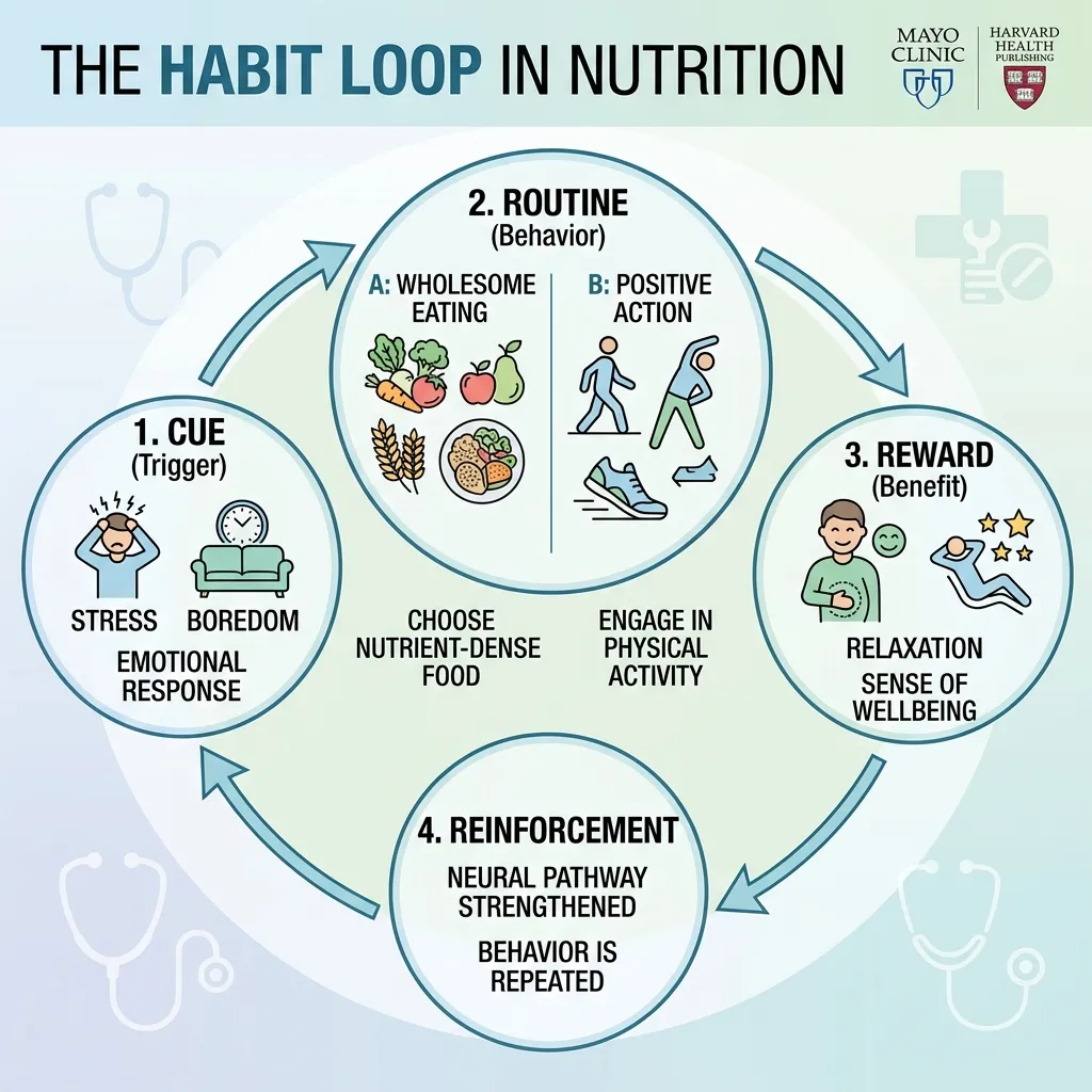 A diagram showing the cue, routine, and reward stages of snacking habits.