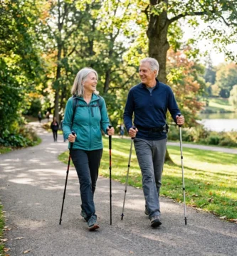 An active older adult couple walking together outdoors in a sunny park with trekking poles.