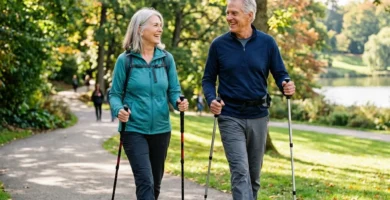 An active older adult couple walking together outdoors in a sunny park with trekking poles.