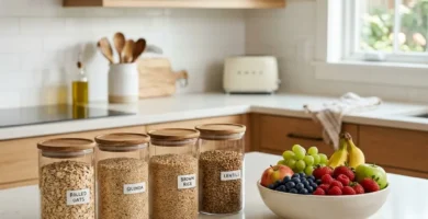 A clean kitchen counter showing glass jars filled with whole grains and a bowl of fresh fruit.