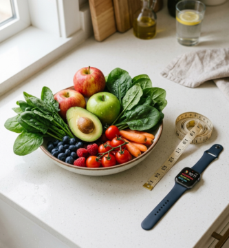 Fresh fruits, vegetables, tape measure, and smart watch on a kitchen counter