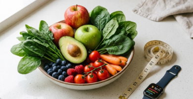 Fresh fruits, vegetables, tape measure, and smart watch on a kitchen counter