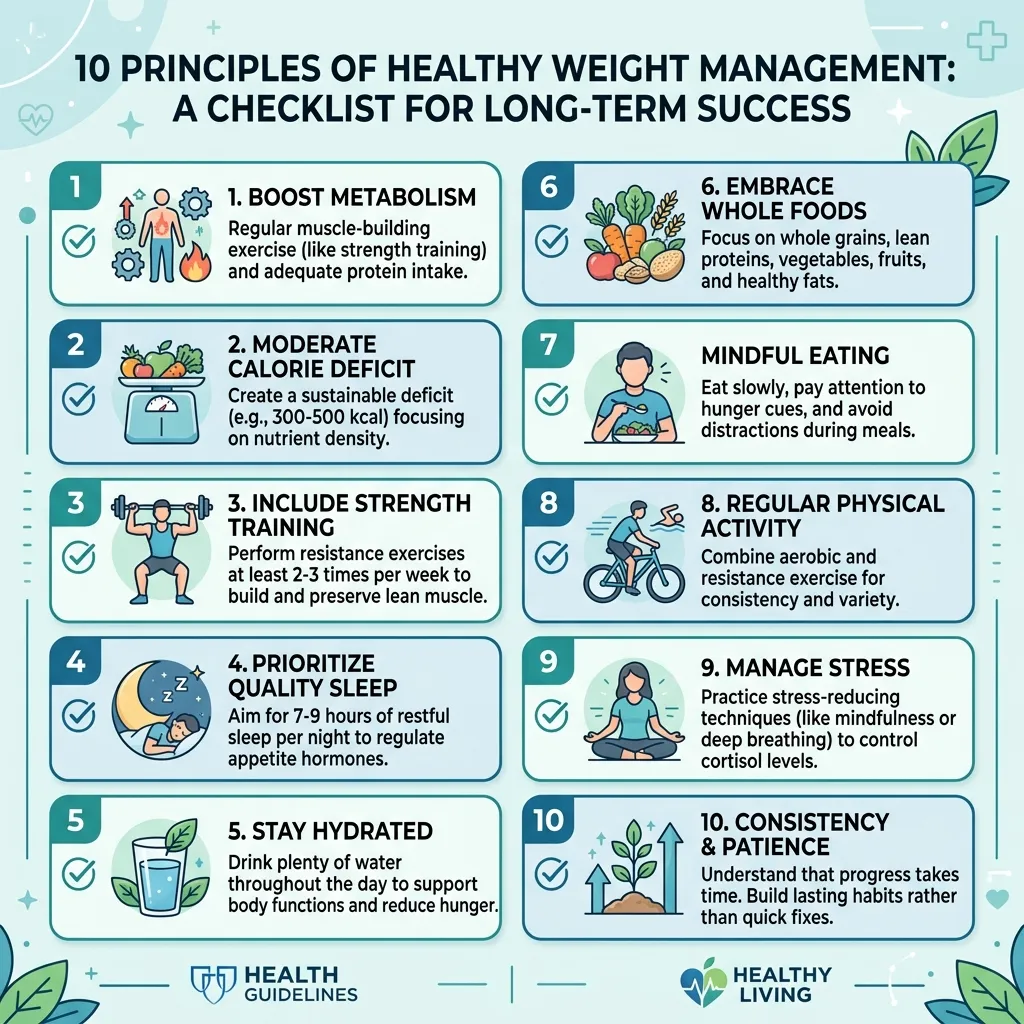 An infographic checklist summarizing the 10 core principles of healthy weight management.