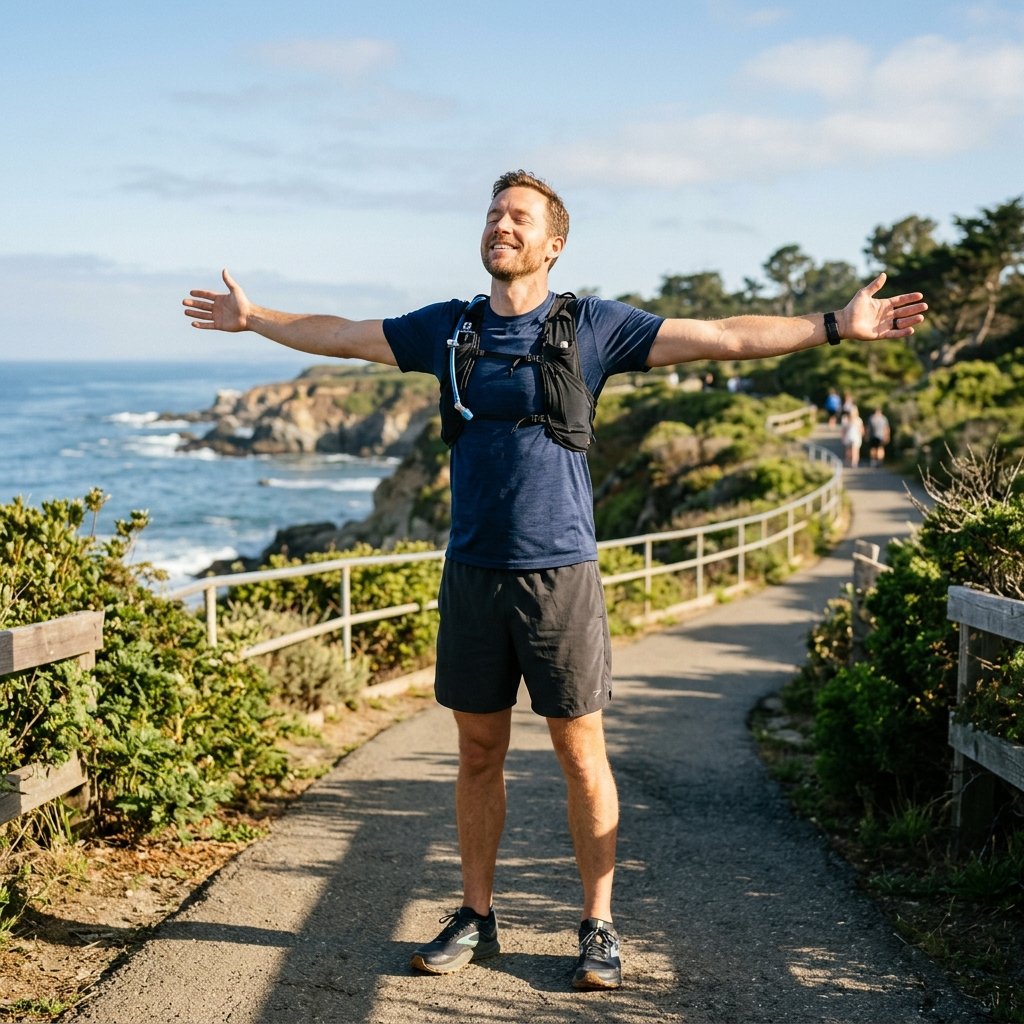 An active man feeling energized and refreshed during an outdoor morning walk.