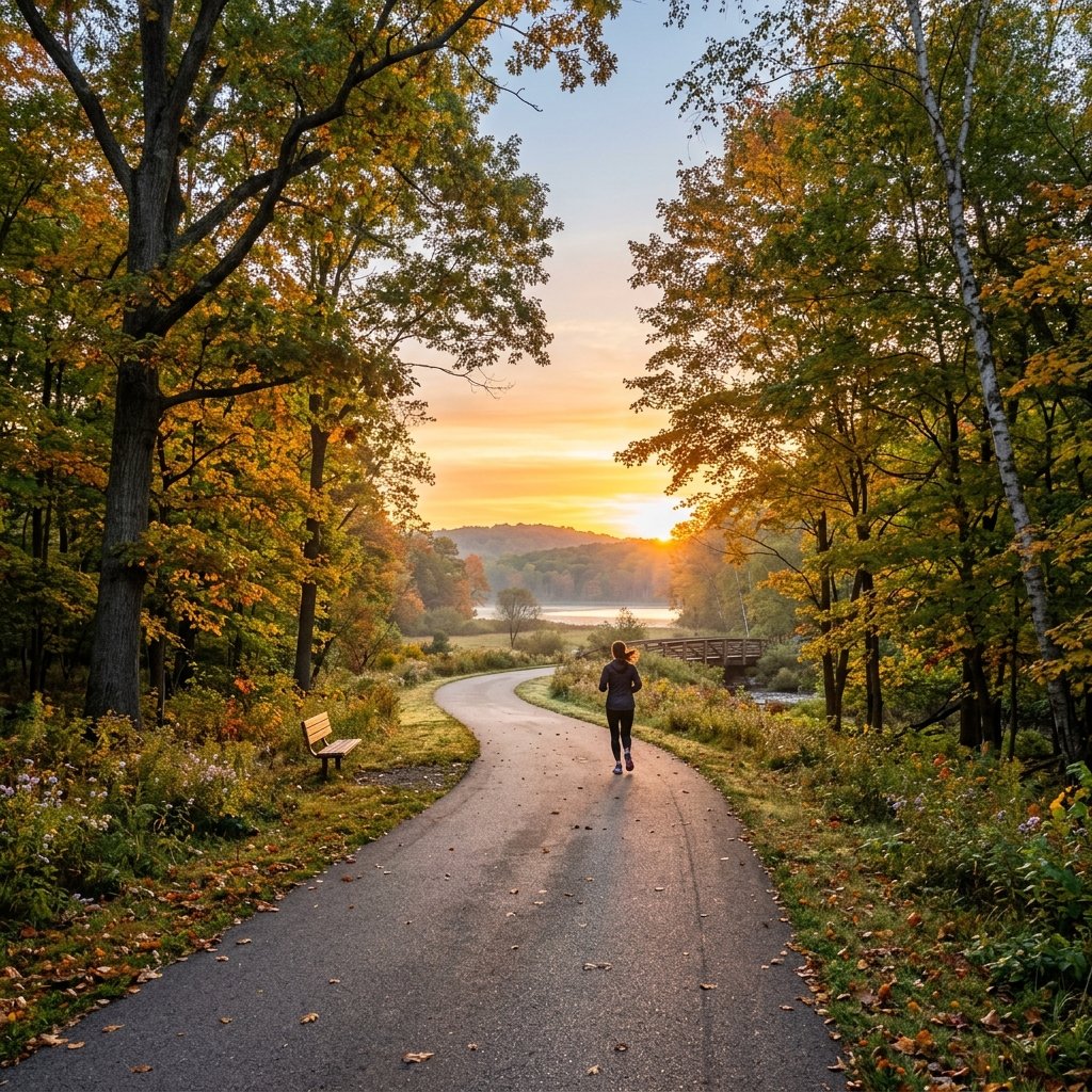 Sunrise over a peaceful walking path, representing early light exposure for better sleep quality.