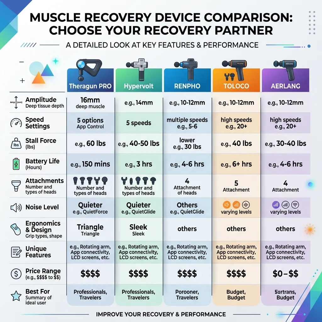 Muscle recovery tool comparison chart comparing Theragun, Hypervolt, TOLOCO, and AERLANG