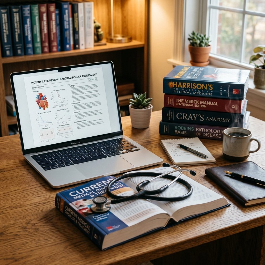 A wooden desk with a laptop showing a medical document and a stethoscope