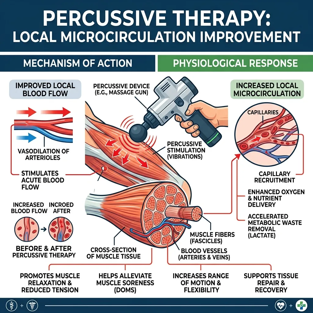 Percussive therapy explanation infographic showing blood flow stimulation