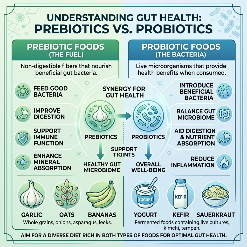 A comparison card showing prebiotic fibers versus probiotic live bacteria sources.