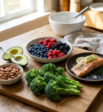 A flat lay of colorful whole foods including avocados, salmon, berries, broccoli, and almonds.