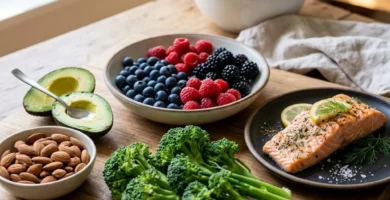 A flat lay of colorful whole foods including avocados, salmon, berries, broccoli, and almonds.
