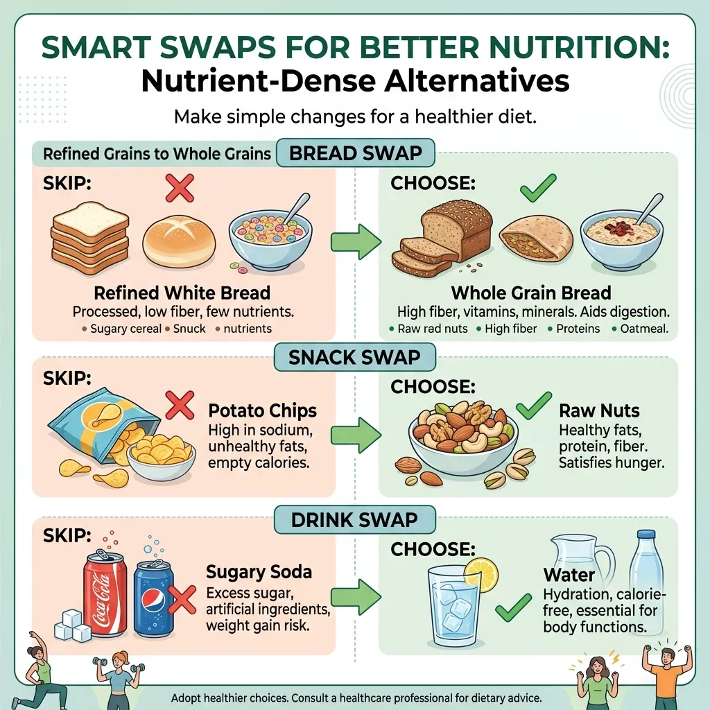An infographic showing healthy food swaps like white bread for whole wheat and soda for water.