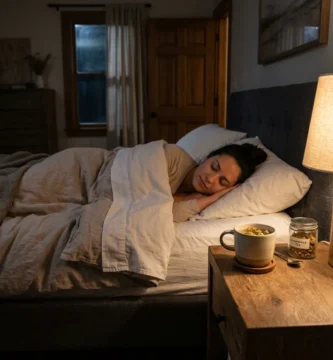A peaceful, dimly lit bedroom with warm lighting, soft sheets, and a nightstand with chamomile tea.