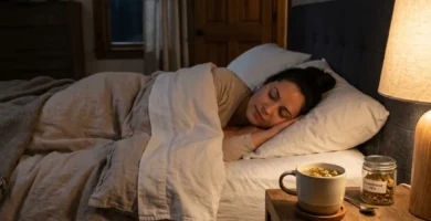 A peaceful, dimly lit bedroom with warm lighting, soft sheets, and a nightstand with chamomile tea.