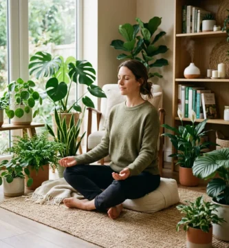 A person sitting with closed eyes in a relaxed posture, surrounded by calming house plants.