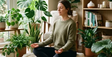 A person sitting with closed eyes in a relaxed posture, surrounded by calming house plants.