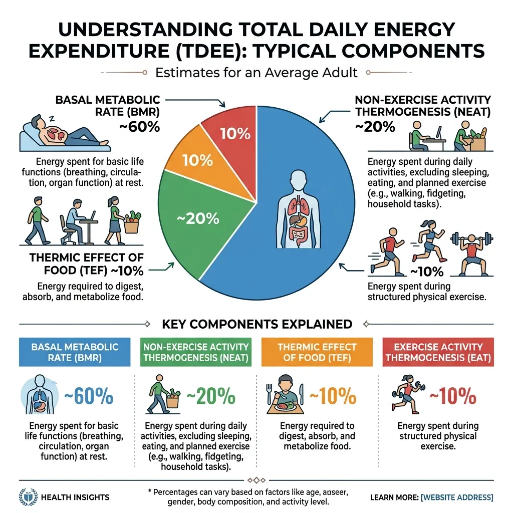 A color-coded chart showing typical ranges of Basal Metabolic Rate, NEAT, TEF, and Exercise Activity.