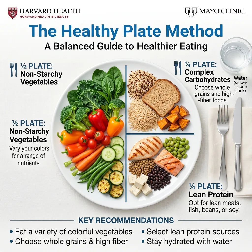 An illustrated healthy plate layout showing half vegetables, one-quarter lean protein, and one-quarter healthy carbohydrates.