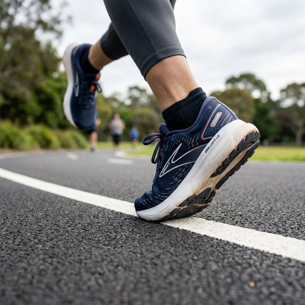 Close-up of supportive walking shoes on a paved trail to protect joints and improve mobility.