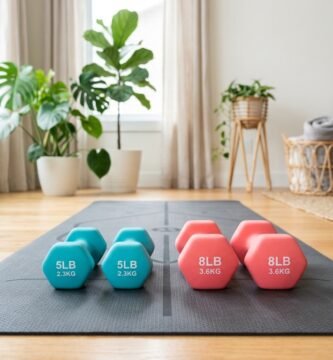 Neoprene 5lb and 8lb dumbbells neatly placed on a yoga mat in a home workout space.
