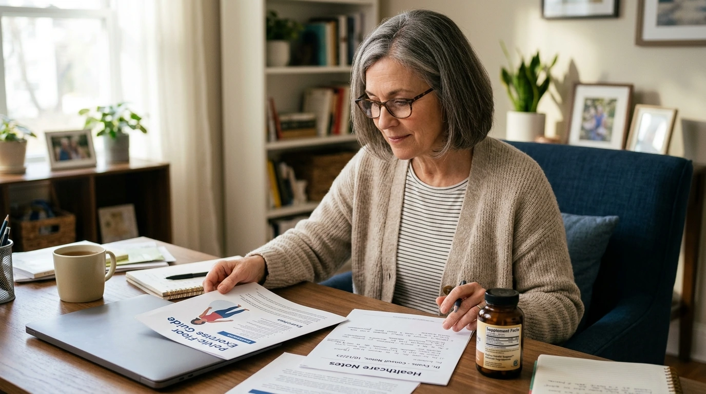 Woman comparing supplement, pelvic-floor exercise information and healthcare notes.