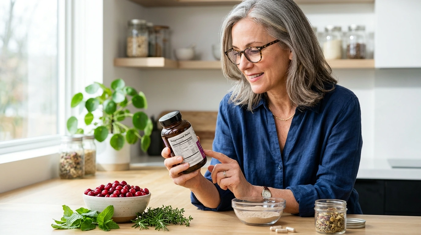 Woman reading a Supplement Facts label beside natural ingredients.