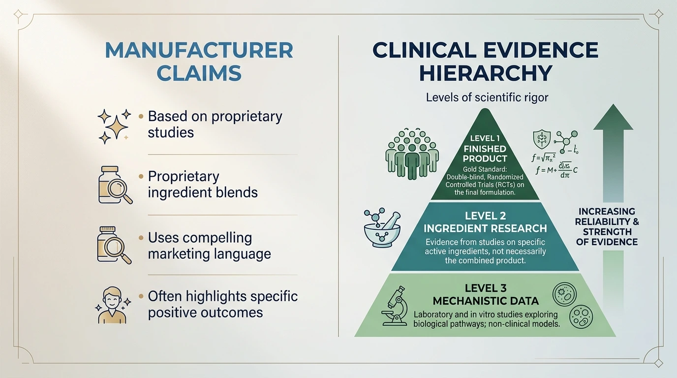 Split scene showing manufacturer claims vs research evidence.