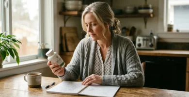 Woman in her 50s reading a dietary supplement label at home while researching bladder health options.