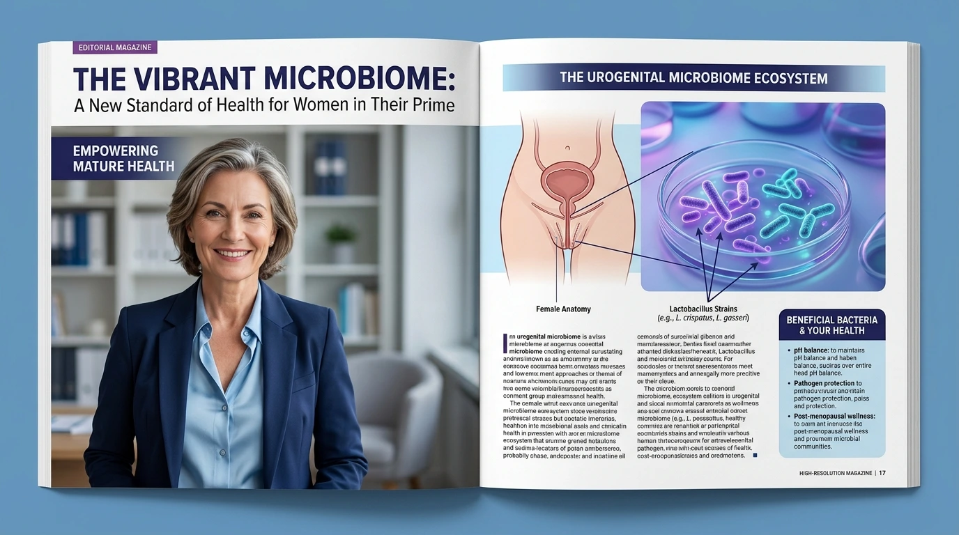 Medical editorial illustration combined with a real woman depicting urinary microbiome balance.