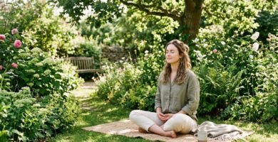 Calm morning wellness setup with natural sunlight, hydration, and relaxation elements.