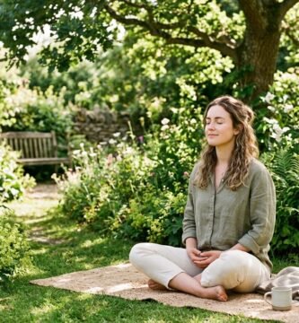 A person sitting peacefully in a sunlit garden practicing deep breathing and mindfulness meditation.