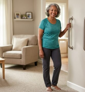 An active senior adult standing safely in a clean home living room near wall-anchored grab bars.