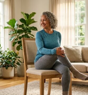 An active senior adult practicing gentle chair-assisted flexibility stretches in a sunny living room.