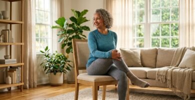 An active senior adult practicing gentle chair-assisted flexibility stretches in a sunny living room.
