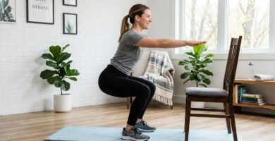 A beginner fitness adult practicing bodyweight chair squats with proper posture alignment.