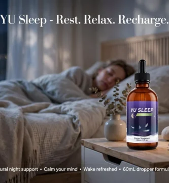 Yu Sleep liquid supplement bottle in a nighttime bedroom setting